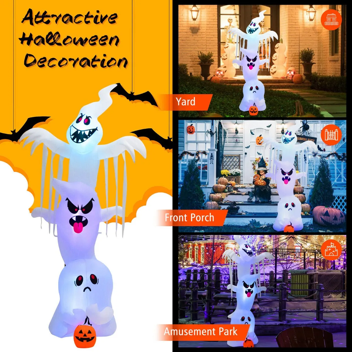 10.2 Feet Giant Inflatable Halloween Ghost with Built-in Lights