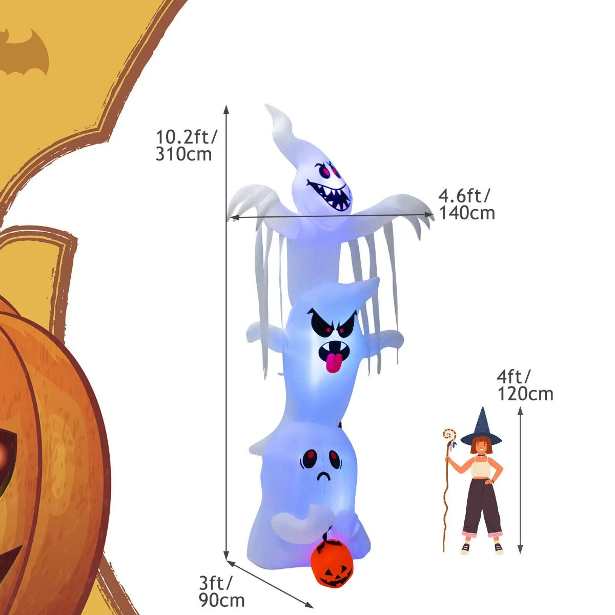 10.2 Feet Giant Inflatable Halloween Ghost with Built-in Lights