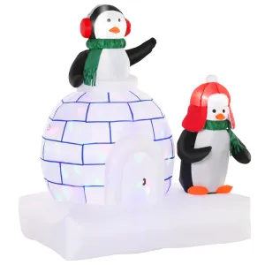 1.5m Christmas Inflatable Two Penguins Wearing a Scarf with Ice House Blow Up Decor Home Indoors with Built-in LED Lights Toys in Lawn Garden