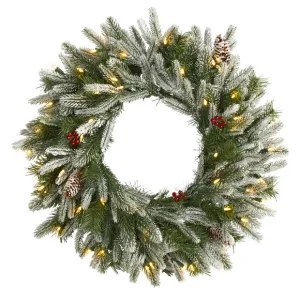 24" Snowed Artificial Christmas Wreath w/50 Warm White LED Lights and Pine Cone