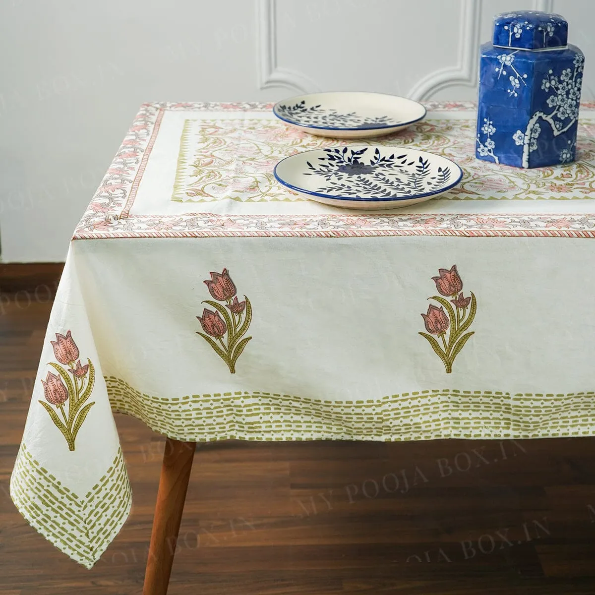 Afjali Tulip Floral Block Printed Table Cover