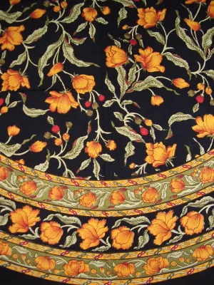 French Floral Round Cotton Tablecloth 70" Amber on Black