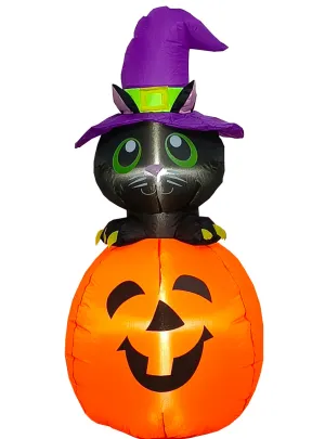 Inflatable 4 Foot Tall Black Cat And Pumpkin Halloween Lawn Decoration