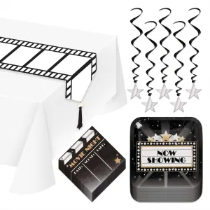 Movie Night Party Pack - Paper Dinner Plates, Lunch Napkins, Film Strip Table Runner, and Metallic Hanging Stars (Serves 16)