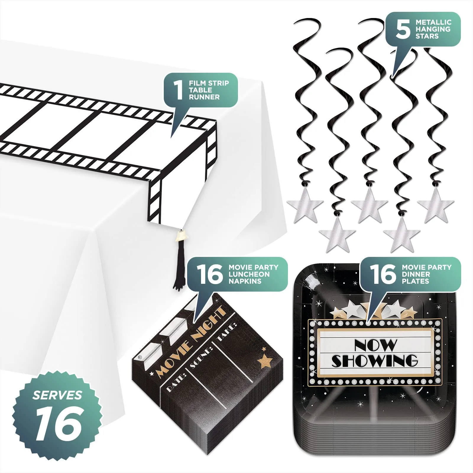 Movie Night Party Pack - Paper Dinner Plates, Lunch Napkins, Film Strip Table Runner, and Metallic Hanging Stars (Serves 16)