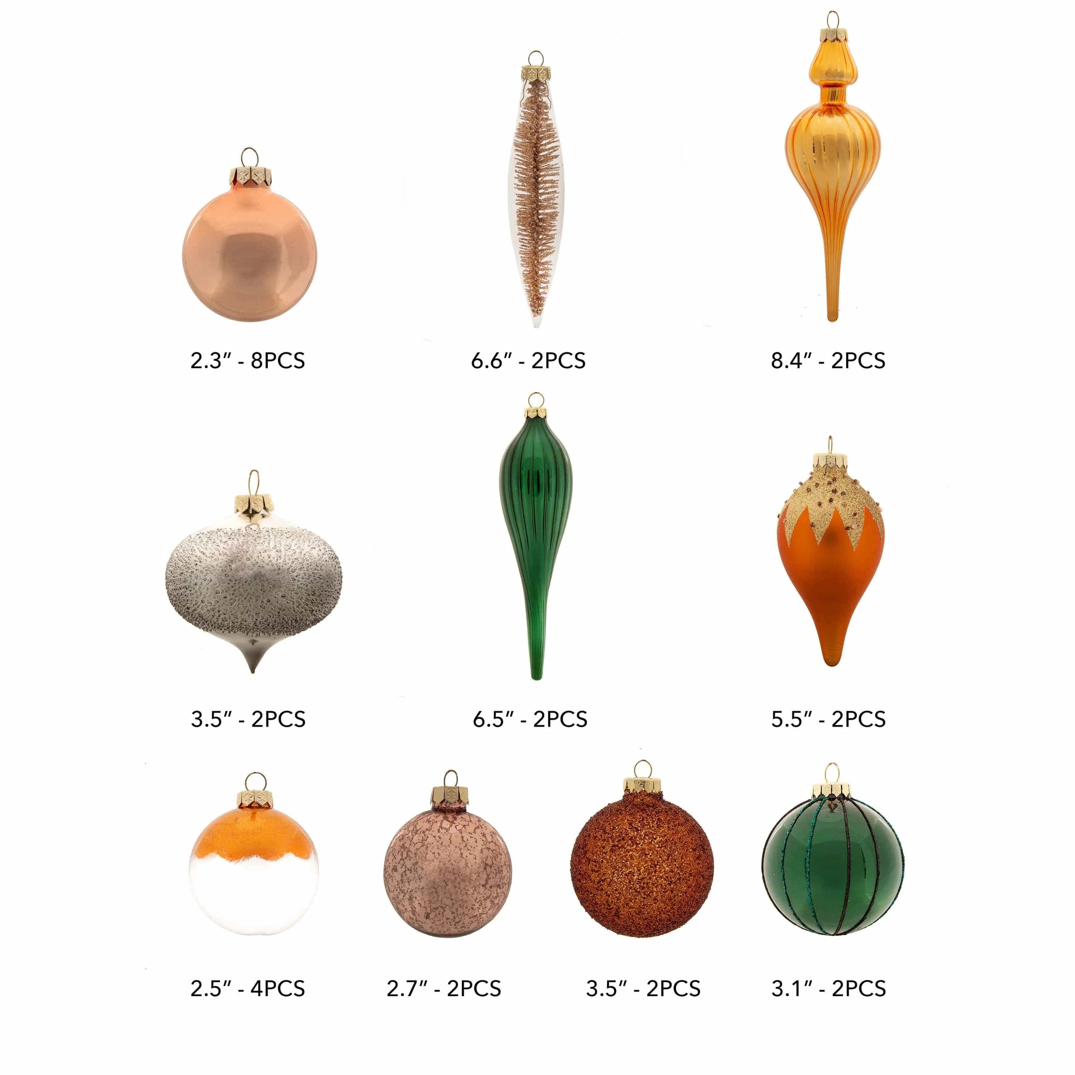 Natural 30-Piece Glass Ornament Set (Burnt-Orange, Green) Limited Edition