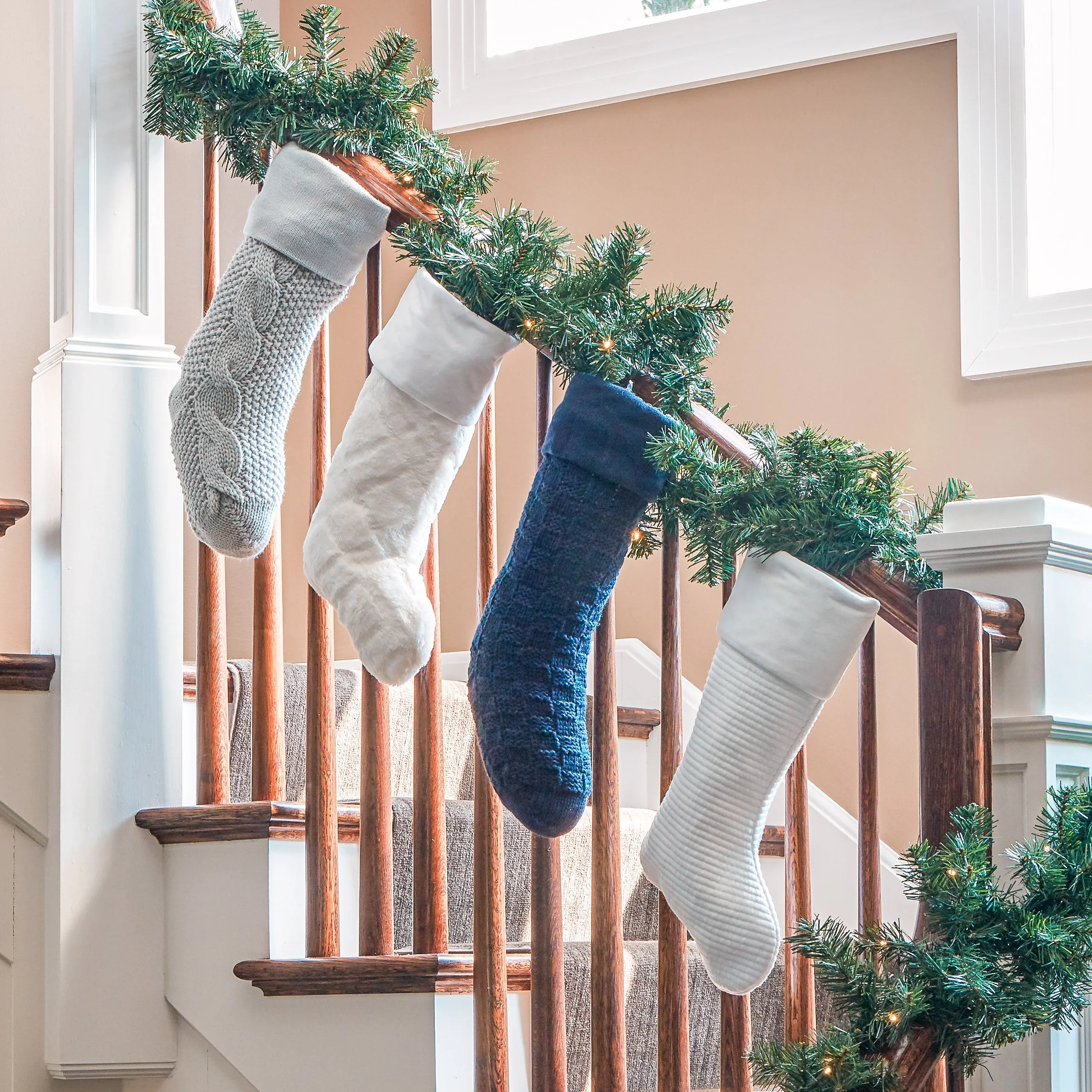 Neutral White Stripe Stitch Christmas Stocking with Velvet Cuff