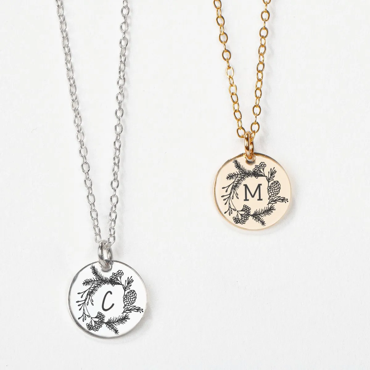 Pine Wreath Initial Necklace