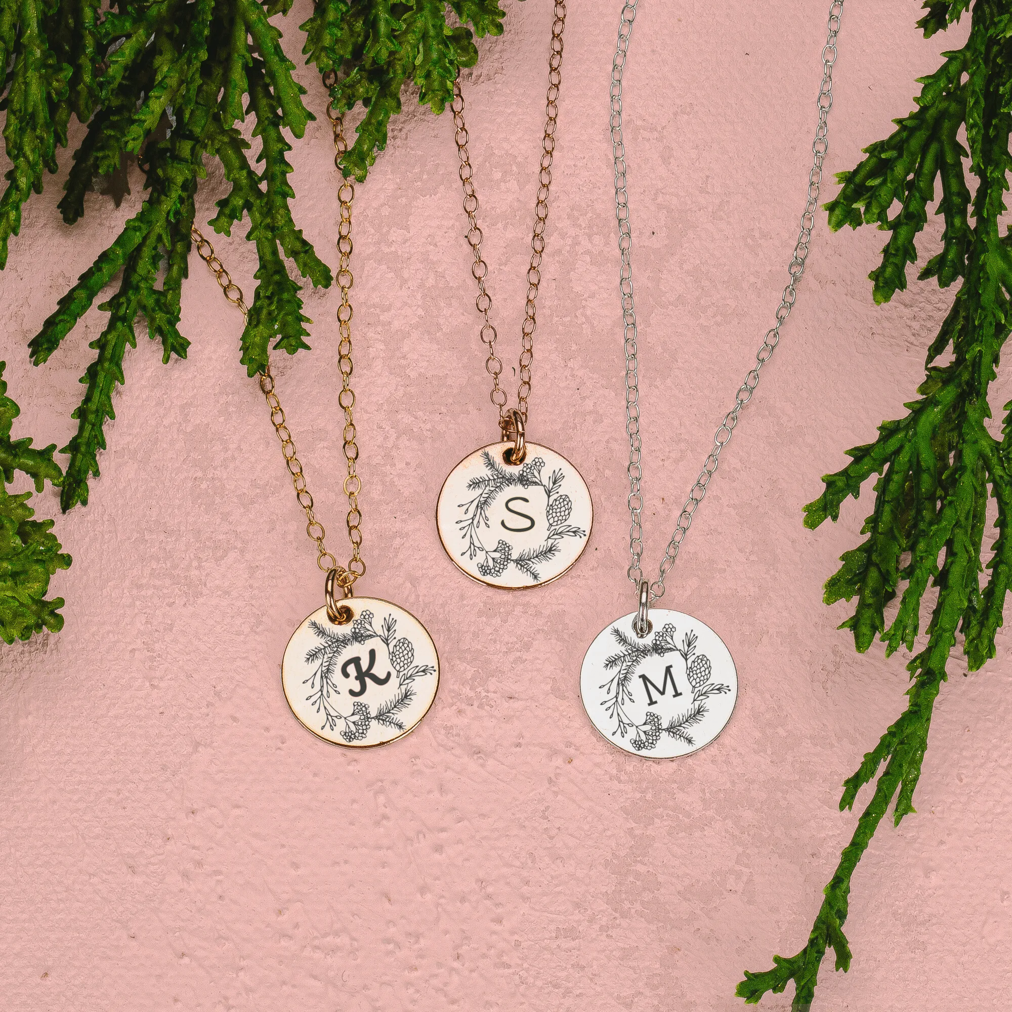 Pine Wreath Initial Necklace