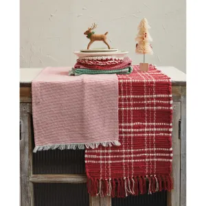 Red & White Plaid Hand-Woven Cotton Chindi Table Runner w/ Fringe