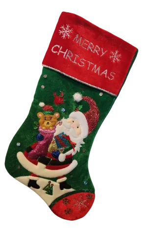 Red/Green Velvet Santa Stocking with Santa/Toys/Presents - Merry Christmas- 19"