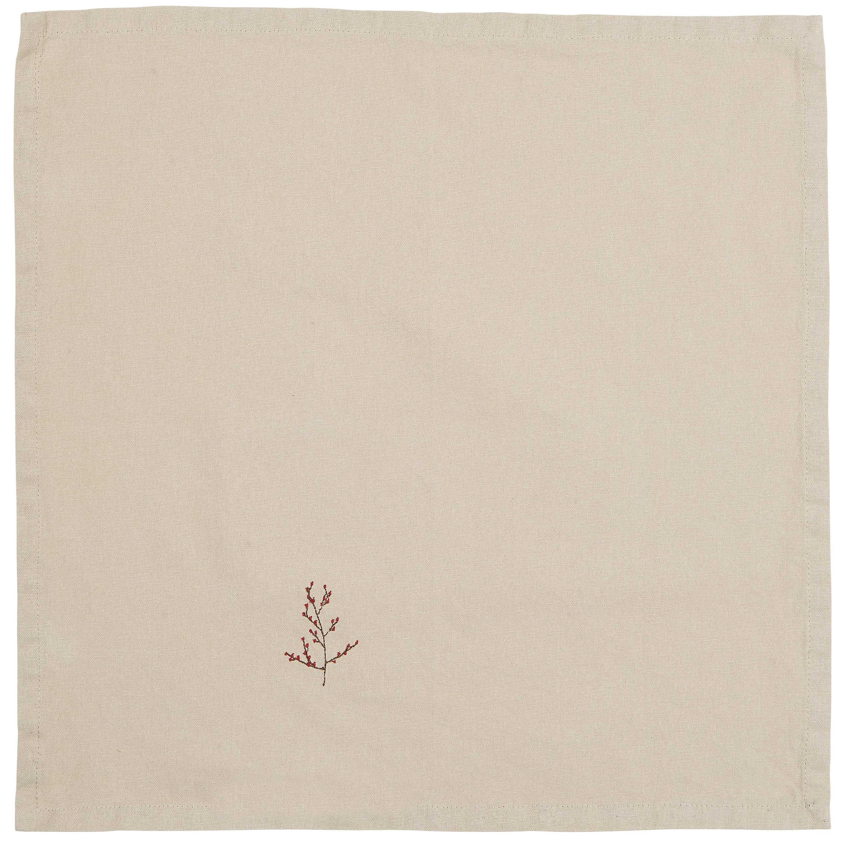 Set of Four Cotton Napkins with Embroidered Red Berry Sprig