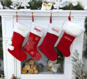 Traditional Red with Faux Fur Christmas Stockings Personalized Embroidered or Christmas Name Tags Matching Set Family Kids Adults Men Women