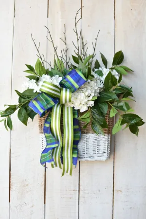 White   Green Laurel and Hydrangea Basket Blue/Green Bow