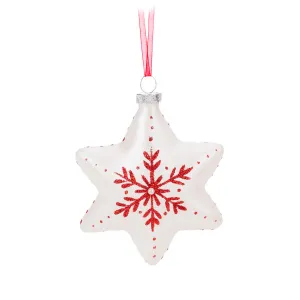 White Star with Red Snowflake Glass Ornament